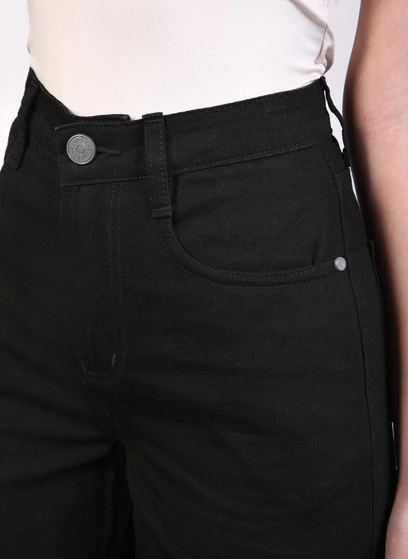 Urbano Fashion  Urbano Fashion Women's Black Regular Fit Wide Leg Mild Distressed/Knee Slit Washed Jeans for Women | Best Price UAE